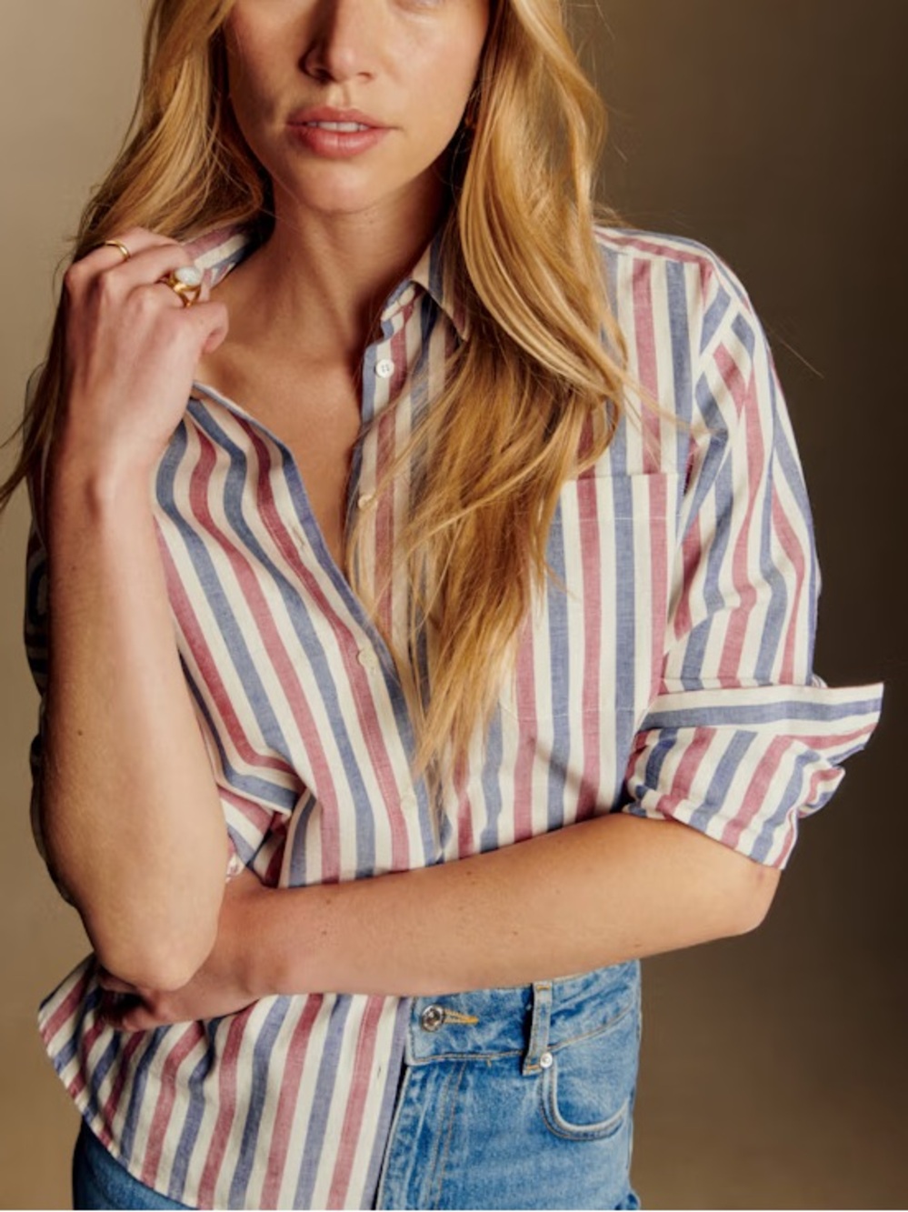 Sezane Max Shirt Blue Ecru Burgundy Stripes Size 36
